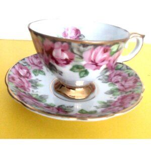 Vintage Shafford Teacup and Saucer Pink Rose with Gold Gilding 1950's